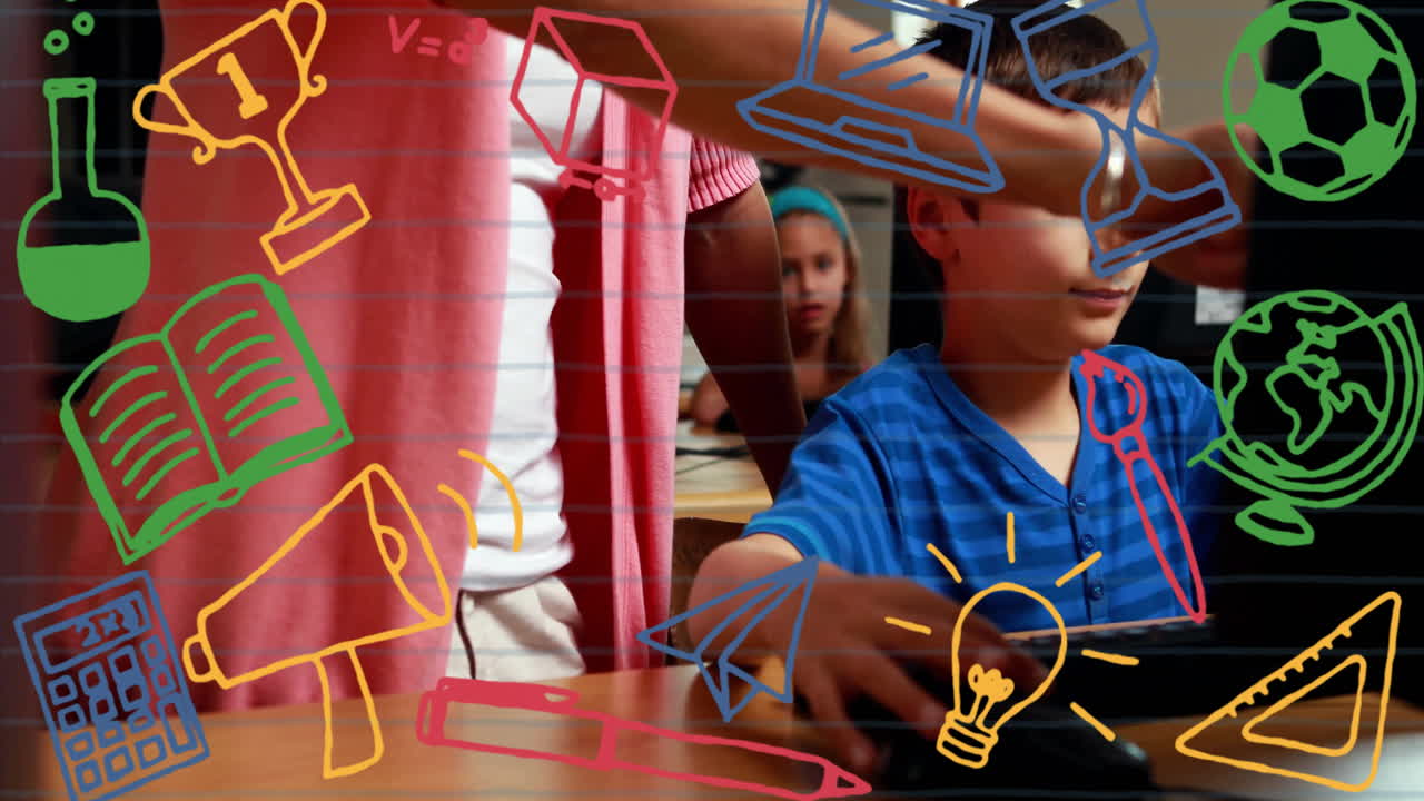 학교 교실에서 공부하는 어린이에 대한 다채로운 교육 아이콘 애니메이션