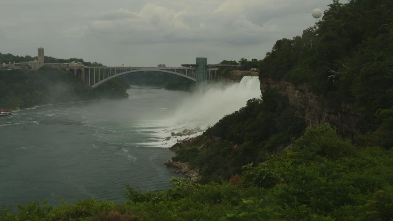 Wide scenic shot of Niagara Falls, featuring the Rainbow Bridge, a balloon ride in the sky, and the mist rising from the crashing water below