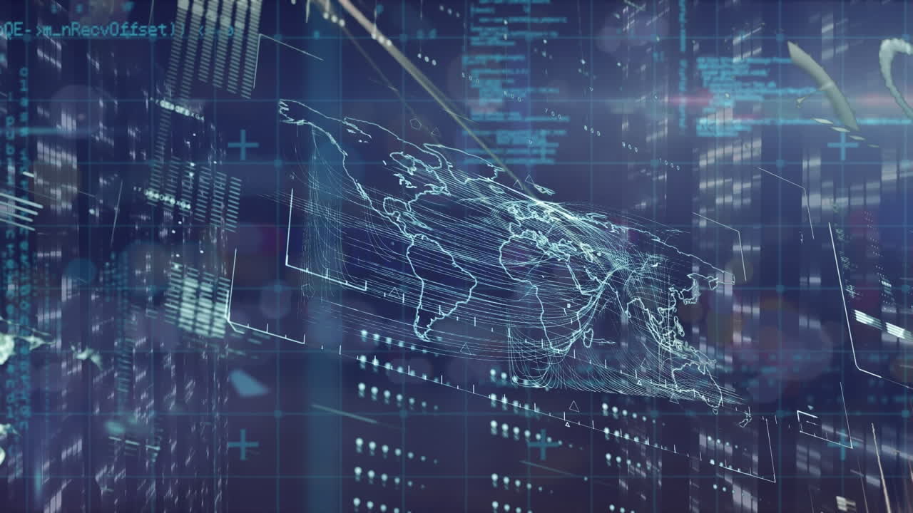 Animation of diverse data and graphs processing on screens over navy background