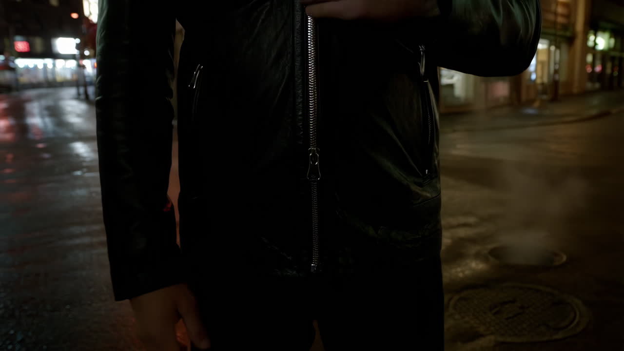 Close-up of a person zipping up a black leather jacket on a wet city street at night