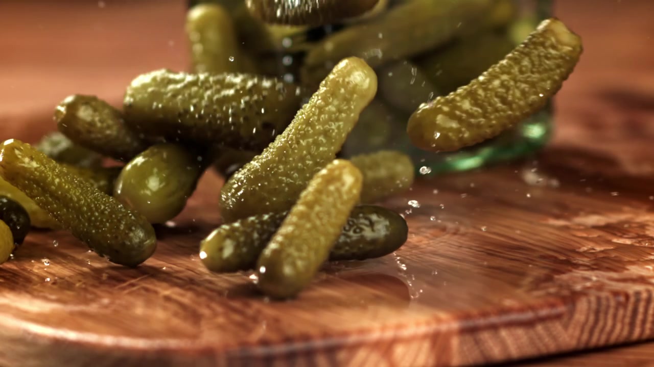 Cornichons tombant sur une planche en bois humide au ralenti