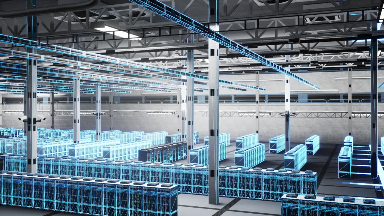 Artificial intelligence, machine learning glowing hologram in server room