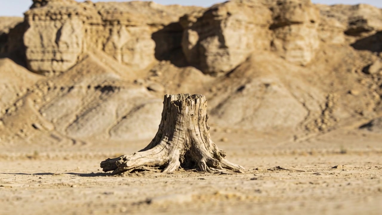 De camera verandert kadrering en focus, houdt een boomstronk gecentreerd op gebarsten badlands die textuur tonen