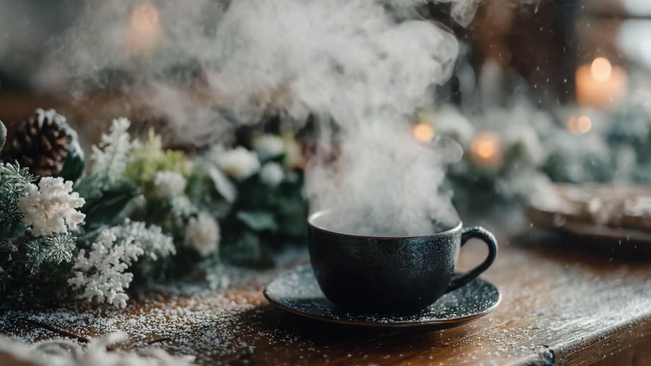 A Warm and Cozy Moment: Enjoying a Steaming Cup of Refreshing Beverage Amidst a Festive Winter Setting with Frosted Decorations and Soft Ambient Lighting