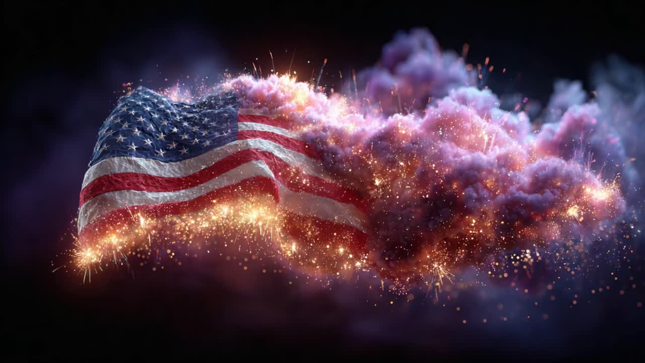 A Vibrant Display of Patriotism: An Animated American Flag Surrounded by Explosive Colors and Sparks, Capturing the Spirit of Celebration and Freedom