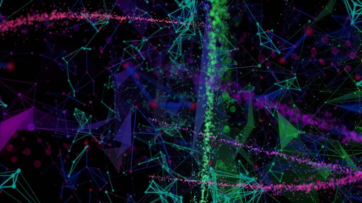 Animation of colourful light trails and network of connections on black background