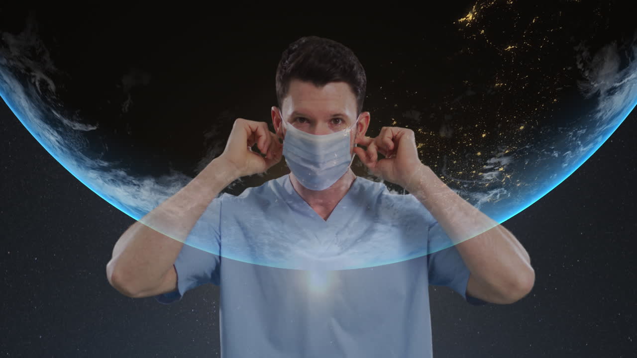 전 세계적으로 얼굴 마스크를 쓰고 있는 남성 의사의 애니메이션