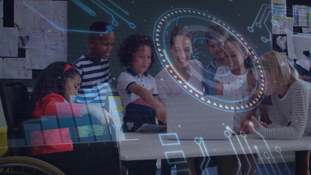 Teacher opening laptop in school, guiding kids tapping tablet and pointing to holographic interface