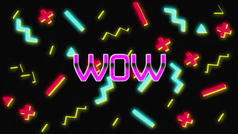 Animation of wow text over colourful shapes on black background