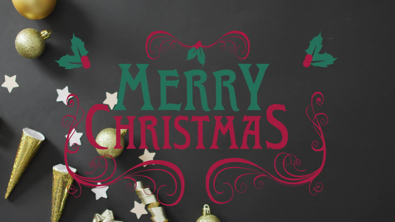 Animation of merry christmas text over christmas decorations on grey background
