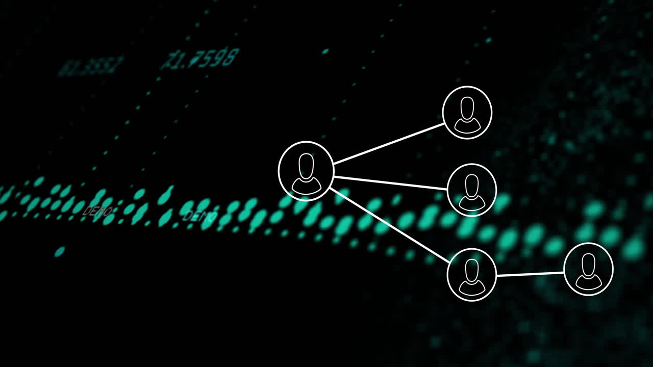 Animation of network of connections with people icons and data processing over black background