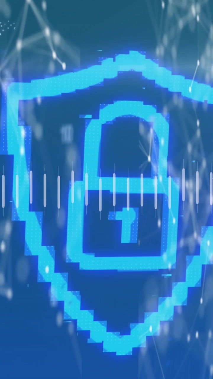 Animation of numbers, connections, digital padlock and light on blue background