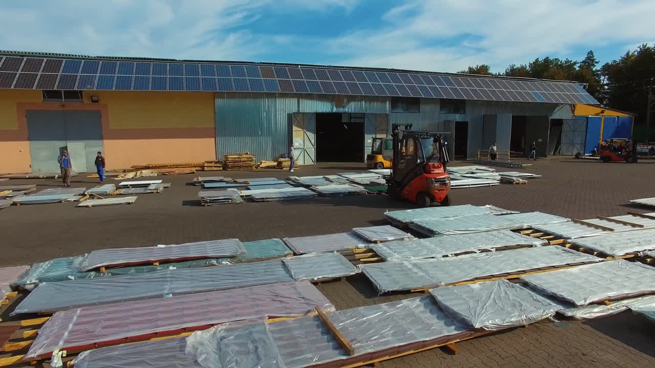 Aerial view of warehouse building. Area for shipment of products from a warehouse in the factory