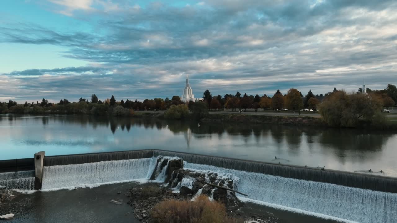 Dam On Snake River In Idaho Falls, Idaho, USA At Dusk