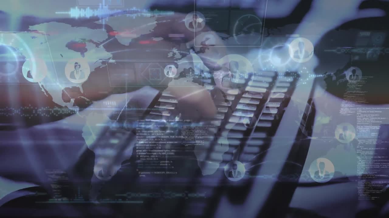 animación de la red de conexiones y procesamiento de datos a mano escribiendo en el teclado