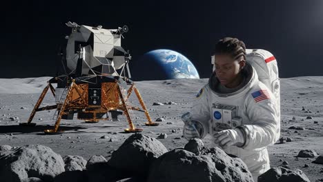 astronaut collecting lunar samples on the moon's surface with earth visible in the background and a lunar module nearby in a stunning space exploration scene