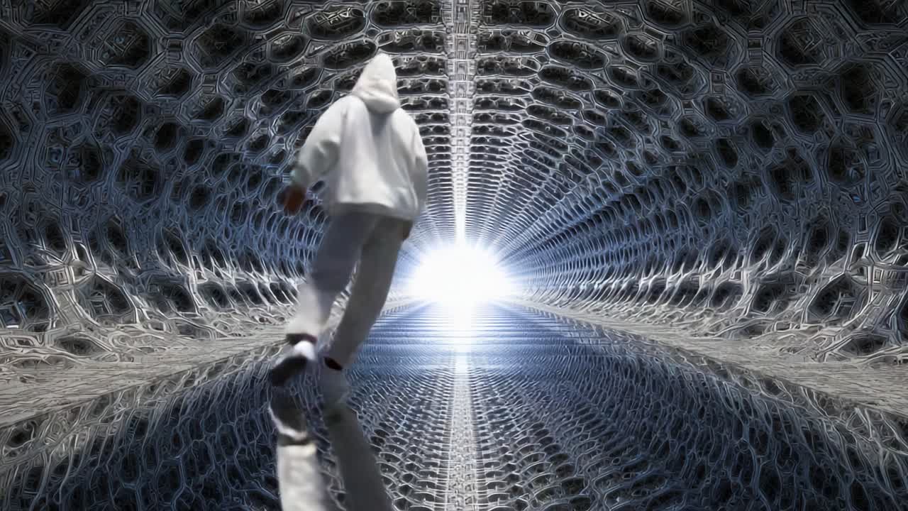 A Dynamic Dance Journey Through a Hypnotic Tunnel of Light and Geometry, Showcasing Fluid Movement and the Essence of Expression in a Surreal Environment of Reflection and Depth