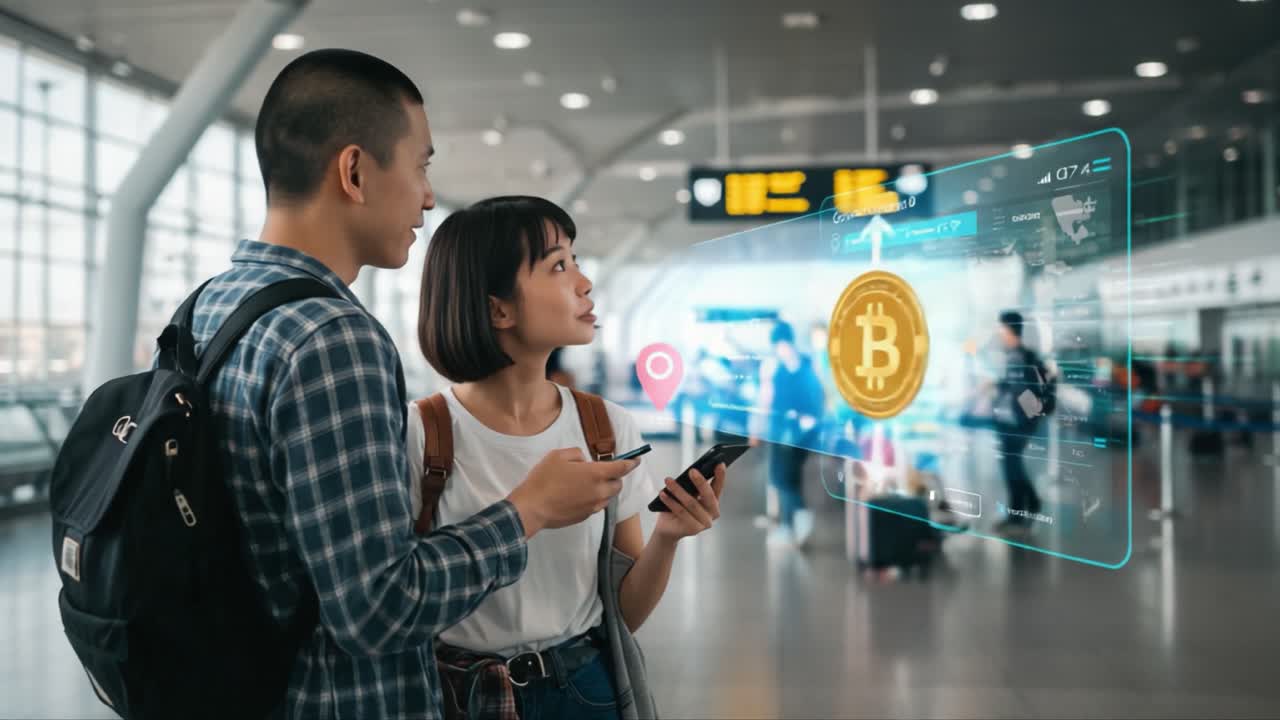 A Young Couple Discovering Cryptocurrency Trends at the Airport: Engaging with Digital Currency Insights on Their Mobile Devices Amidst Travel Excitement