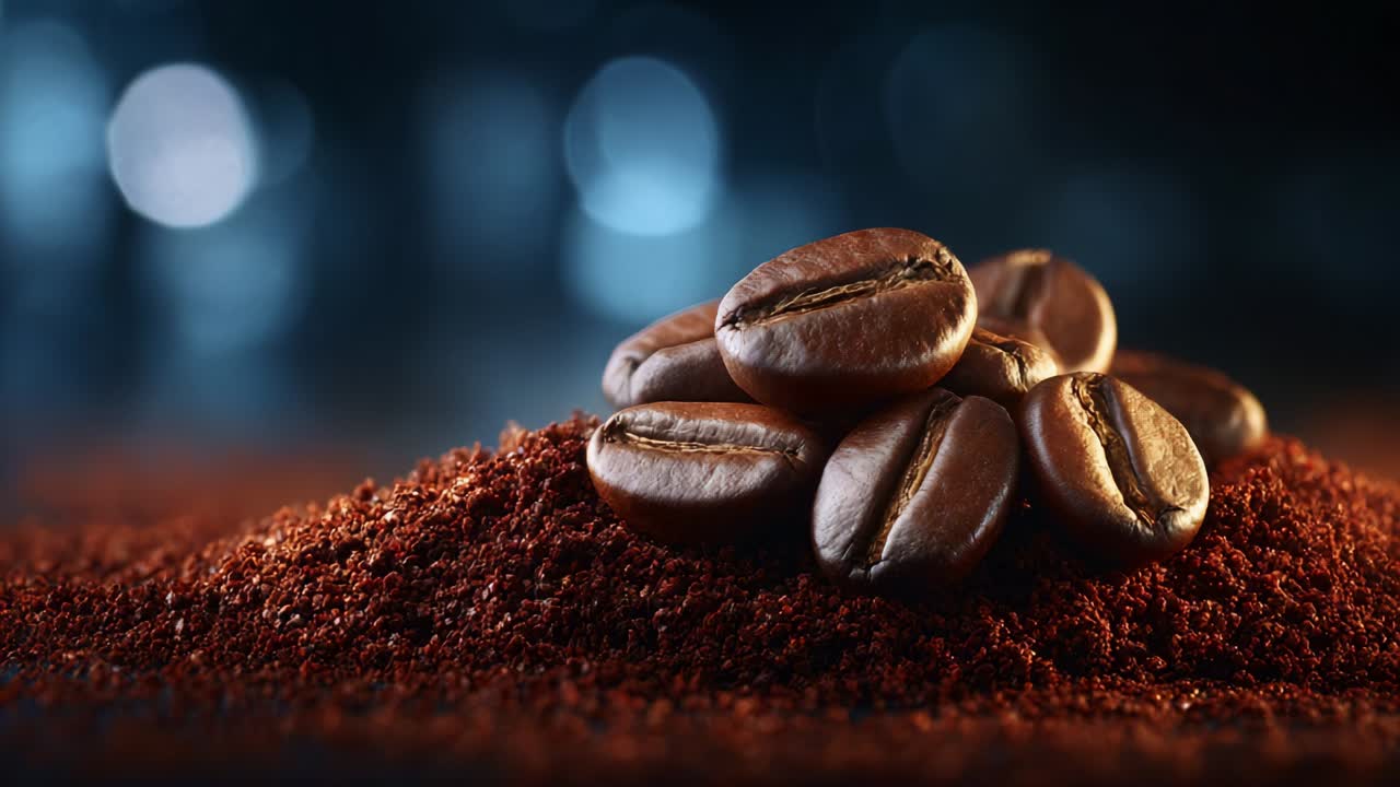 An Exquisite Close-Up of Coffee Beans Arranged Elegantly on Ground Coffee, Capturing the Rich Texture and Deep Aroma of Freshly Roasted Coffee for a Perfect Morning Brew; A Visual Delight for Coffee Lovers
