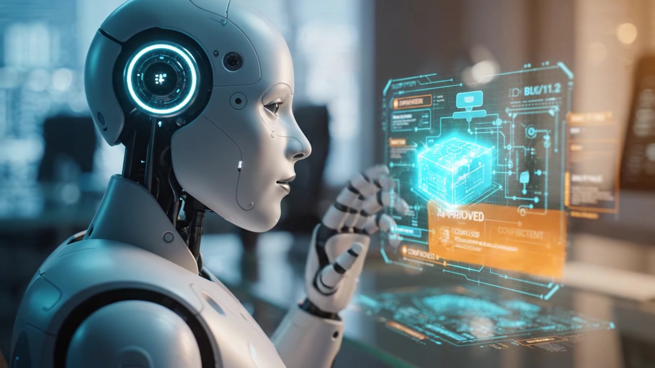 A futuristic humanoid robot analyzes data in a modern environment, showcasing advanced artificial intelligence and digital interfaces for efficient decision-making.