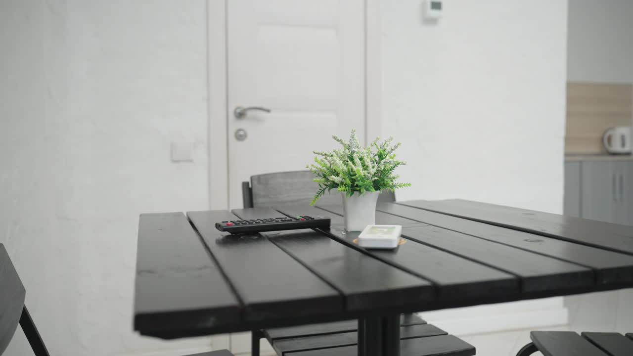 Modern dining table with black wooden surface featuring a small potted plant, remote control, and smartphone. A white door in the background leads to a well lit space with minimalistic design