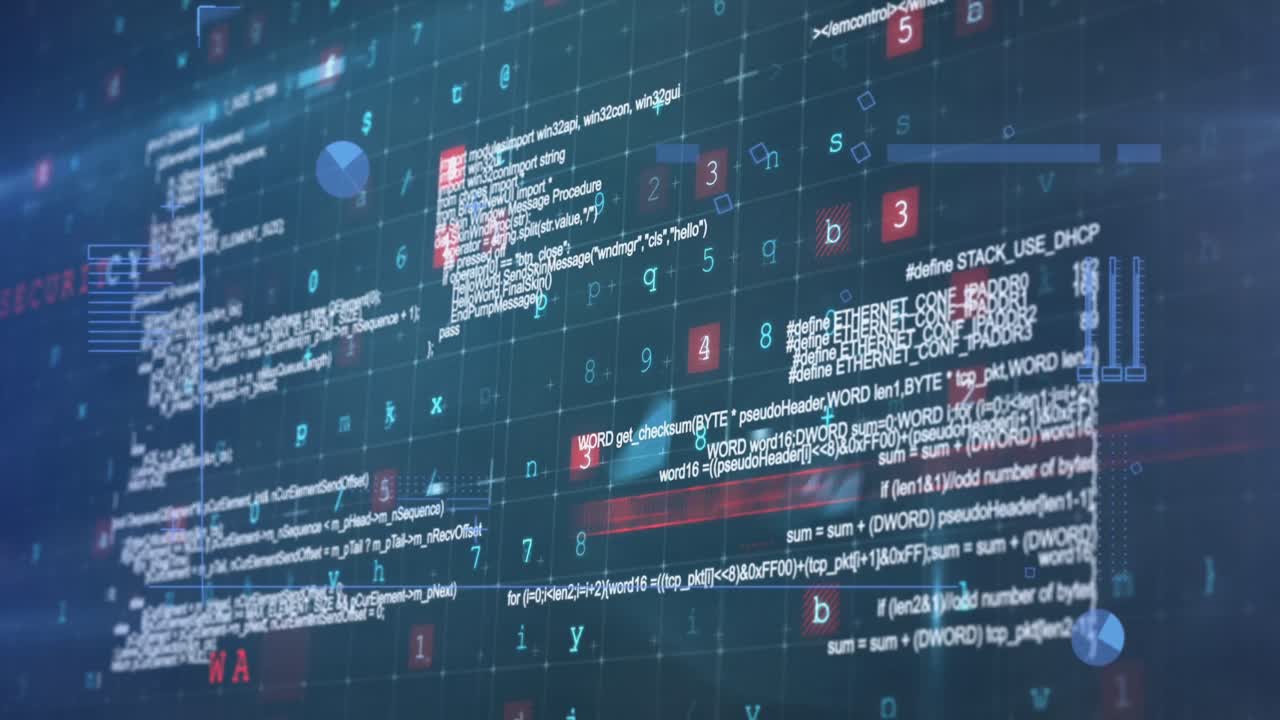 Digital animation of cyber security data processing against blue background