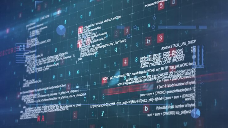 Animazione digitale di elaborazione dati di cybersicurezza su sfondo blu