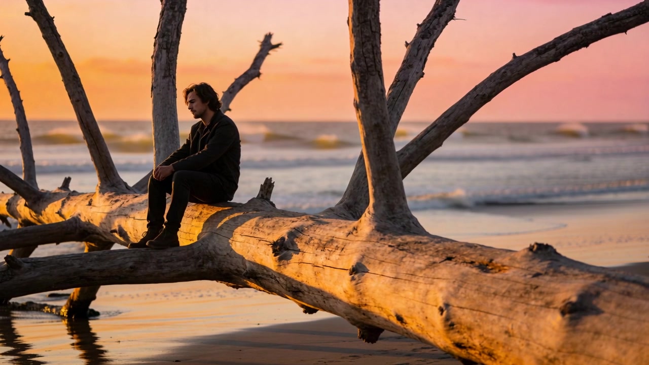 Straightening man in jacket, reflecting, clasping hands on log at beach as tide lapping, copy space