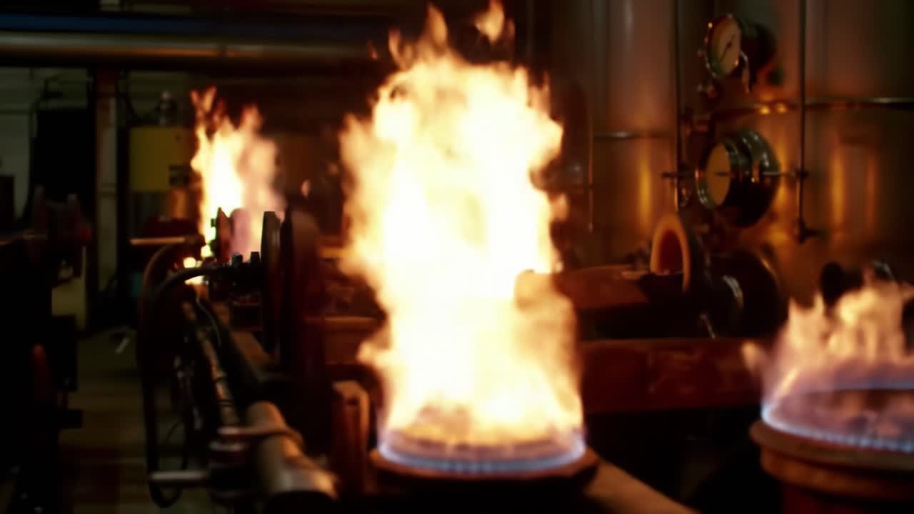 Intense Flames Erupt from Industrial Equipment: A Captivating Visual Exploration of Combustion and Heat in a Manufacturing Setting