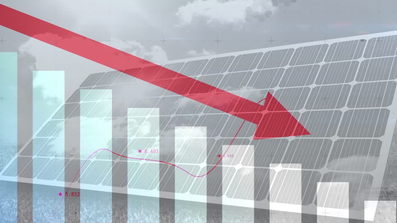 Solar panel array presenting translucent bars, magenta line graph, red arrow over digital grid