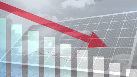 solar panel array presenting translucent bars, magenta line graph, red arrow over digital grid