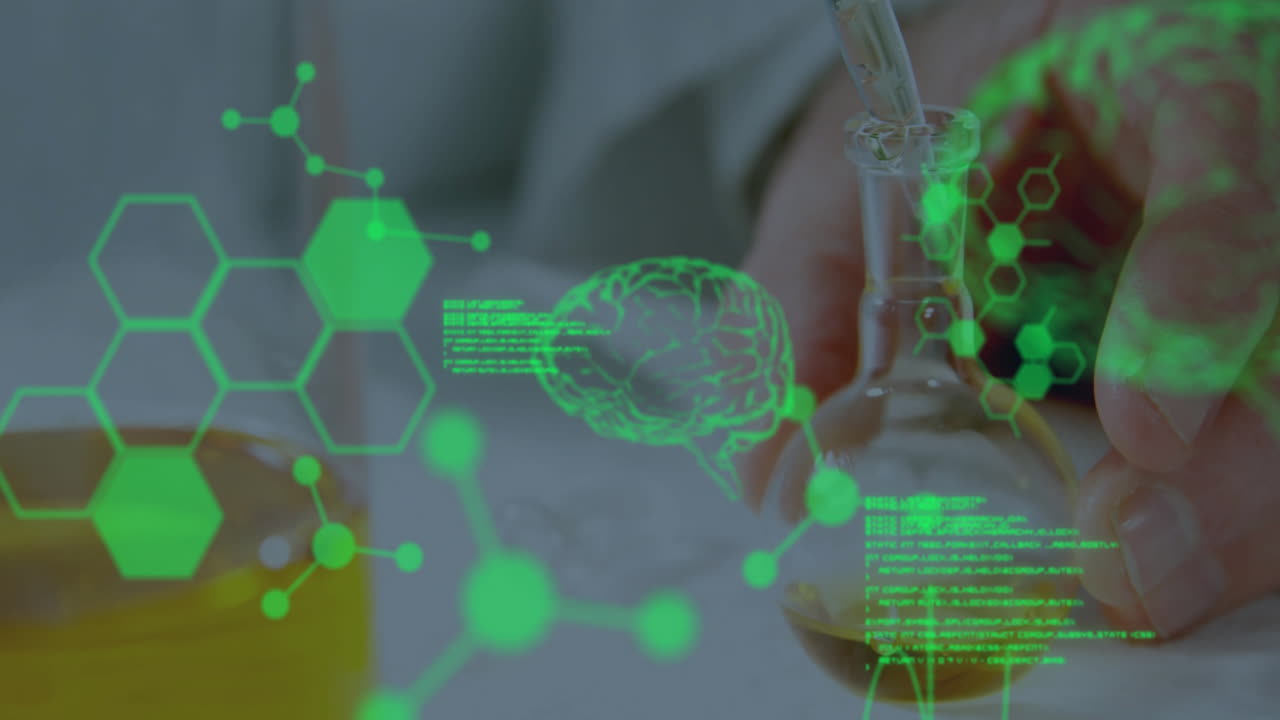 animación del procesamiento de datos científicos sobre un científico caucásico en el laboratorio.