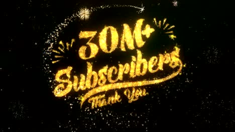 30m subscribers greeting and wishes card made from glitter particles and sparklers light dark night sky with colorful firework 4k background.