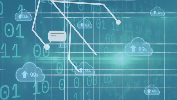 Animation of arrow, countdown from 0 to 100 in clouds against binary codes on abstract background