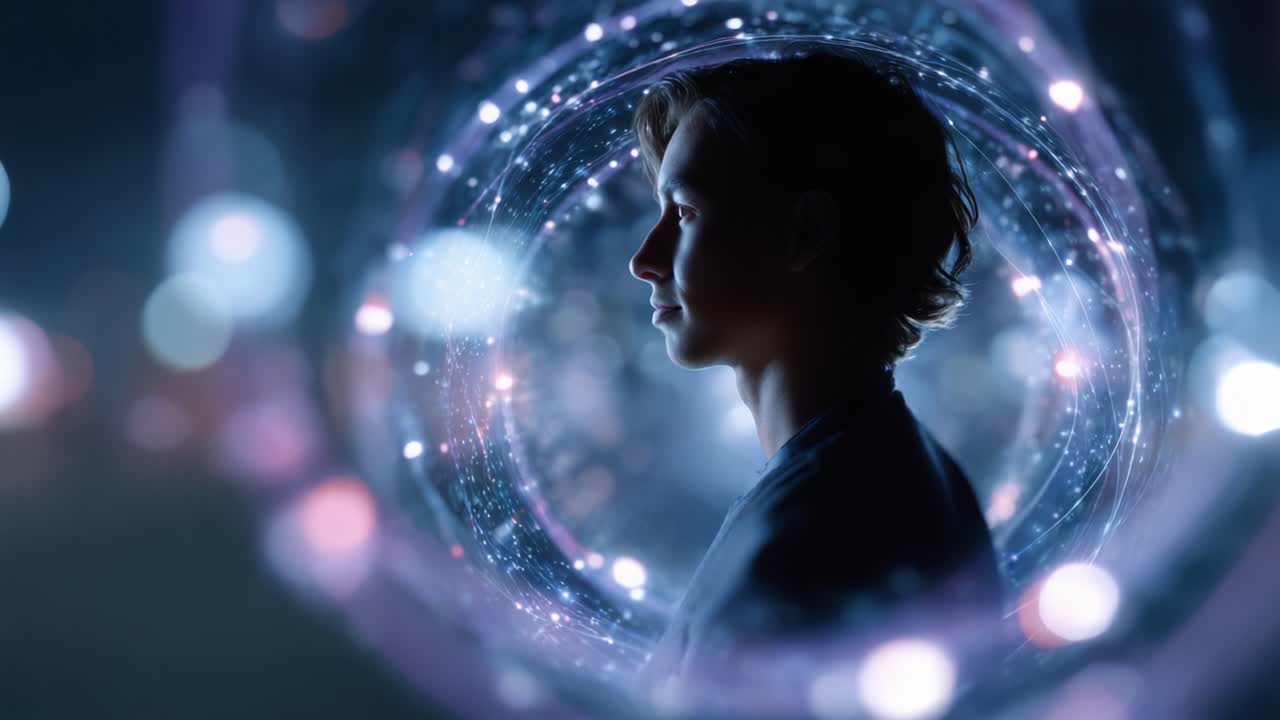 A deep exploration of consciousness and time as a young individual stands in a cosmic swirl of light, symbols, and endless possibilities, reflecting on existence