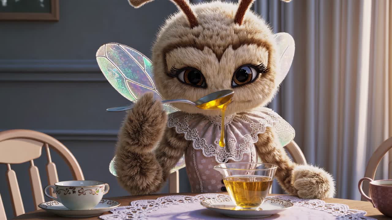 Charming animated bee with iridescent wings, dressed in a delicate outfit, gracefully pours honey into a teacup during a delightful tea party, showcasing a whimsical and enchanting scene
