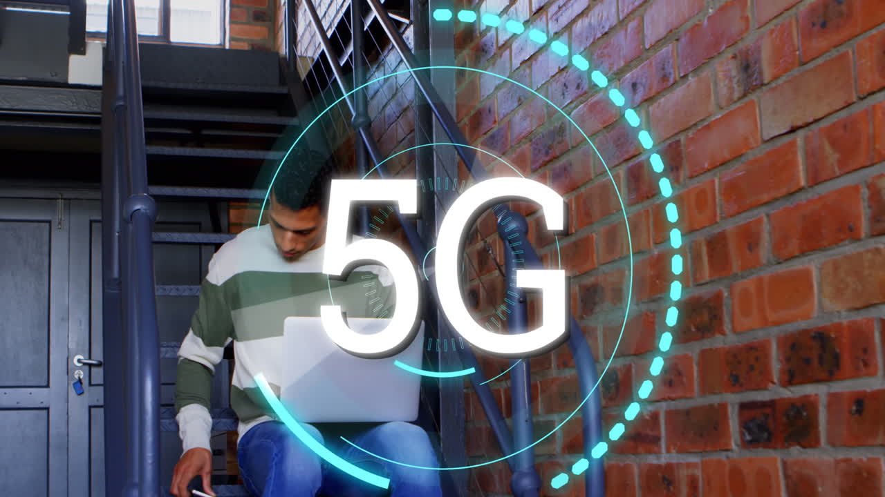 Man on the phone and laptop and 5G written in the middle of a futuristic circles 4k