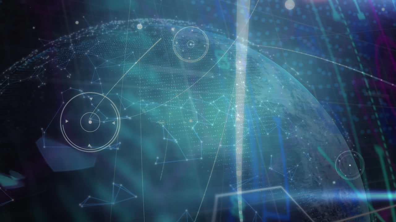 Animation of network of connections and globe over dark background