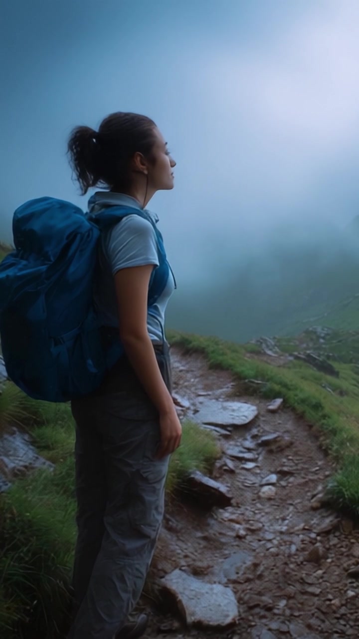 Un escursionista determinato che abbraccia la bellezza della natura mentre fa trekking su un sentiero di montagna nebbioso, circondato da una vegetazione lussureggiante e maestosi paesaggi nebbiosi.