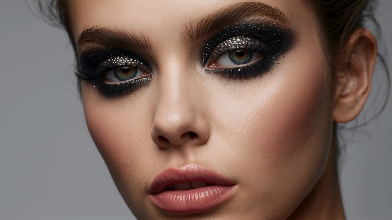 Camera shifting, model posing and making eye moves in studio, showing glittery black eye makeup