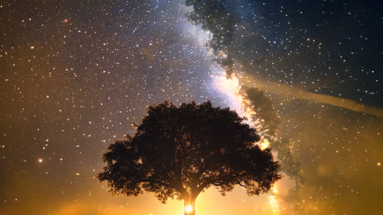 A tree is lit up in the dark sky. The tree is surrounded by stars and the sky is filled with them. The scene is peaceful and serene