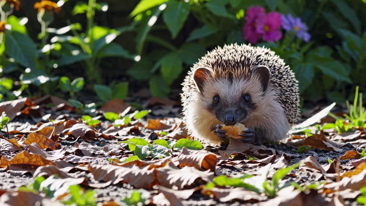 Nahaufnahme-Video eines Igels in einem Garten, auf Bodenhöhe aufgenommen.