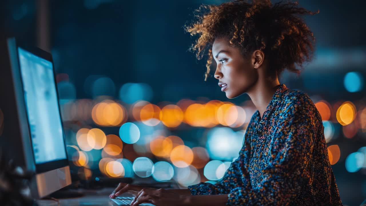 A focused female figure immersed in digital work during a serene evening, illuminated by city lights, symbolizing dedication and modern technology's influence on creativity