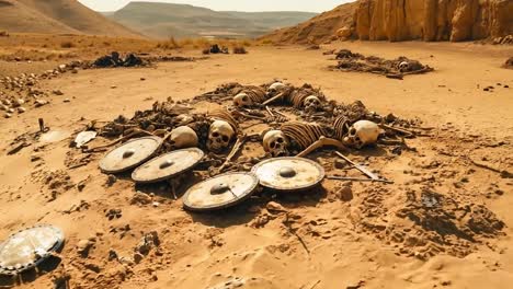 a group of skulls and shields laying on the ground in the desert