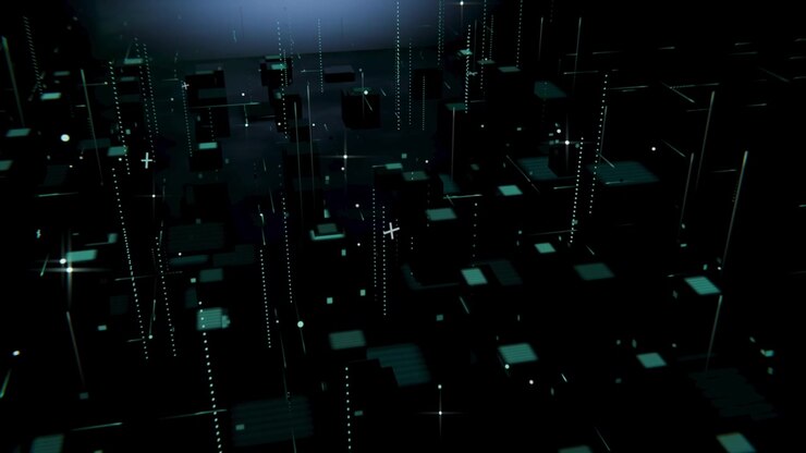 Panning camera revealing depth of dense platforms and dotted-light columns on dark neon plane
