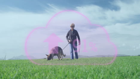 Man walking dog in field with cloud upload animation overlay