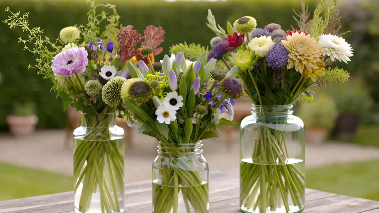 Three Vibrant Bouquets of Fresh Flowers in Vases on an Outdoor Table