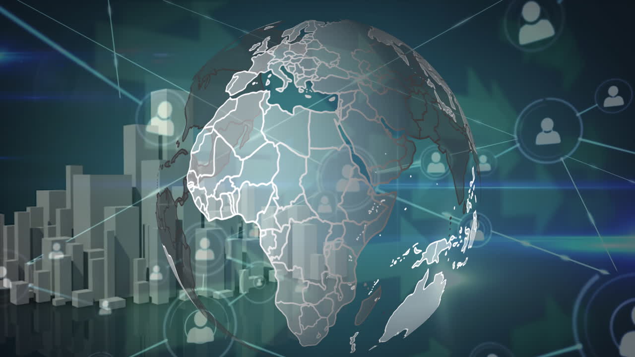 animación de la red de iconos de perfil sobre el globo giratorio contra el modelo de ciudad 3d y los senderos de luz