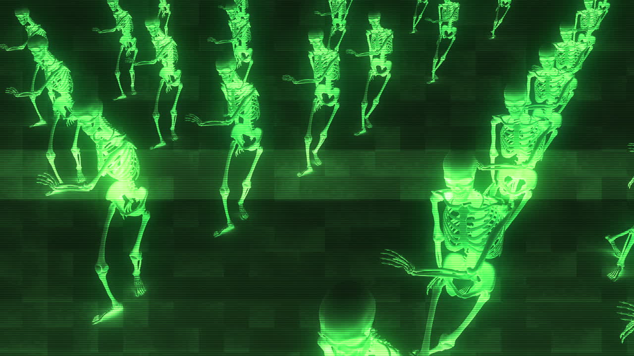 Scheletri verdi glitchati danzanti nello spazio digitale