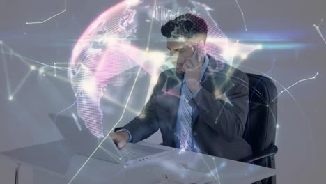 animation of network of connections over globe and caucasian businessman using computer